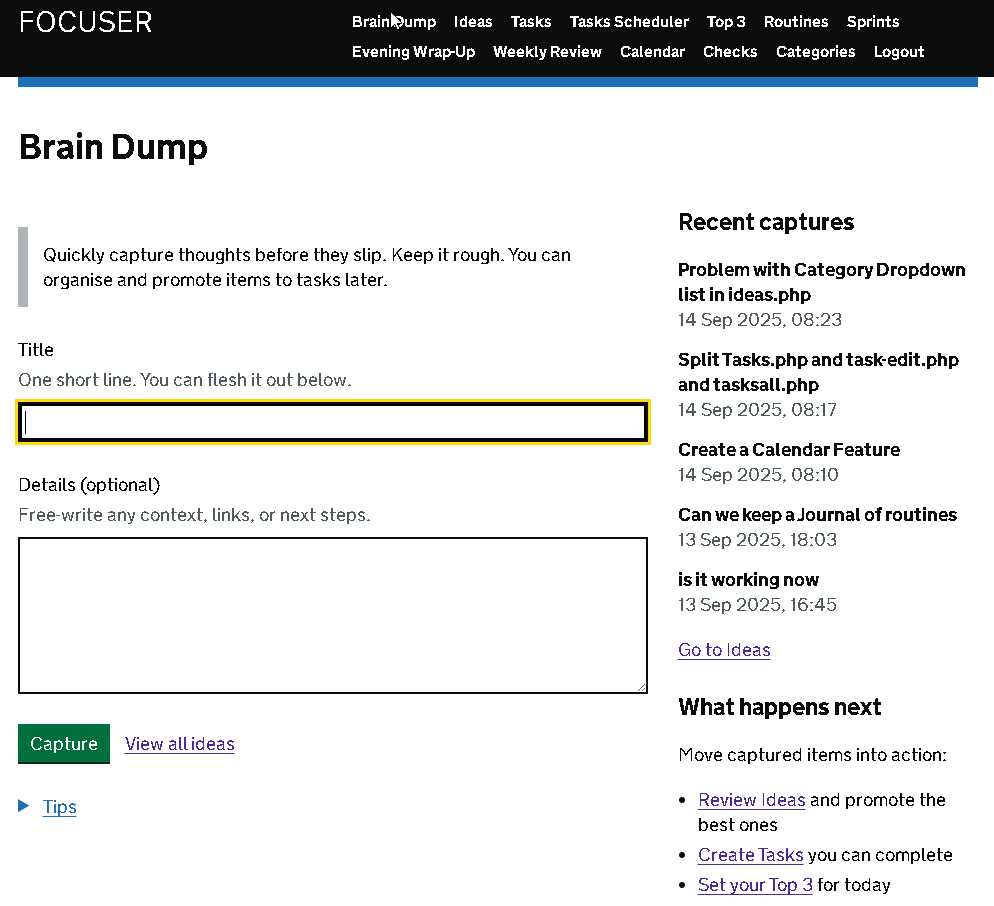 Screenshot of Focuser Brain Dump